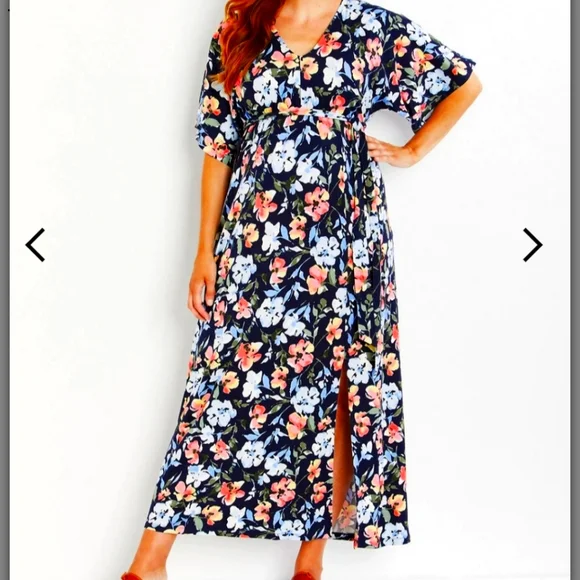 Motherhood Maternity Kimono Sleeve Maxi Dress with Side Slit in Blue Size Small | Rayon/Spandex